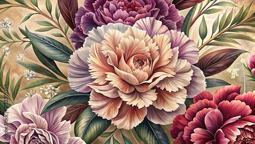 Elegant floral arrangement with peonies blossoms and green leaves art