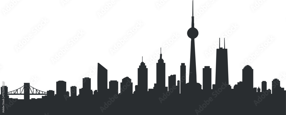 Obraz premium A black silhouette of a city skyline featuring various skyscrapers and architectural designs.