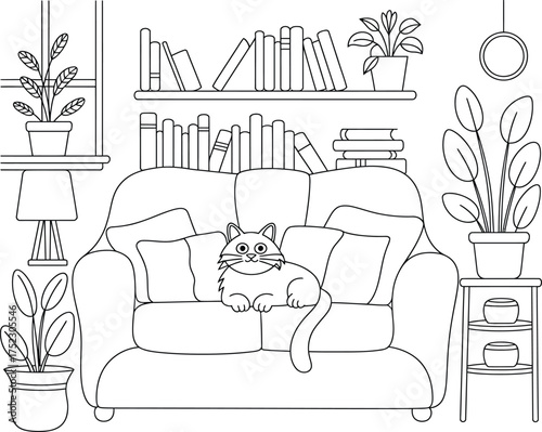 Cozy living room scene with cat on sofa and bookshelf