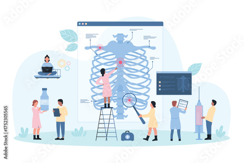 X-ray in medicine and surgery, consultation of orthopedist vector illustration. Cartoon tiny doctors check chest xray image with magnifying glass, diagnostics of orthopedic diseases in hospital