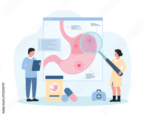 Study of stomach disease vector illustration. Cartoon tiny doctors with magnifying glass research gastric infographic chart, people analyzing warning symptoms for diagnosis and medical therapy