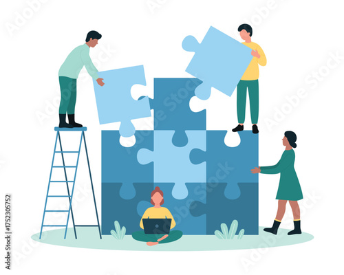 Team building vector illustration. Cartoon tiny people connect puzzle pieces to match and build business partnership and teamwork, employees work on success strategy and best spirit of company