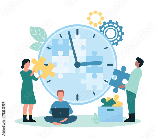 Time management and teamwork vector illustration. Cartoon tiny people put puzzle pieces into big clock, office managers control workflow and plan organization of work tasks with effective method