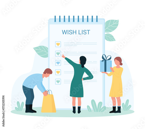 Wishlist for shopping vector illustration. Cartoon tiny people check summary list of gifts on paper notepad sheet, put hearts checkboxes on list form, add favorite purchases to planner checklist