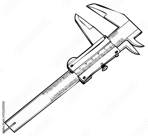 Vernier caliper precision measuring instrument in a black and white line art technical illustration