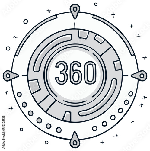 360 Degree View Doodle Icon, Full Surround Experience Navigation