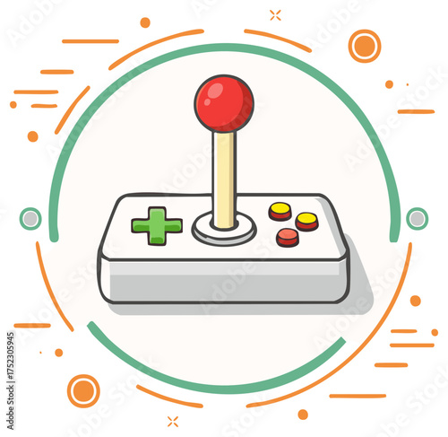 Cartoon illustration of a classic arcade video game joystick controller
