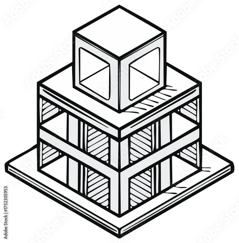 Isometric Structure with Tiered Cubes Openings and Hatching Outline Drawing