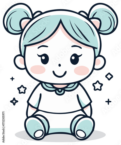 Cute cartoon baby girl with space buns smiles happily surrounded by stars and plus signs