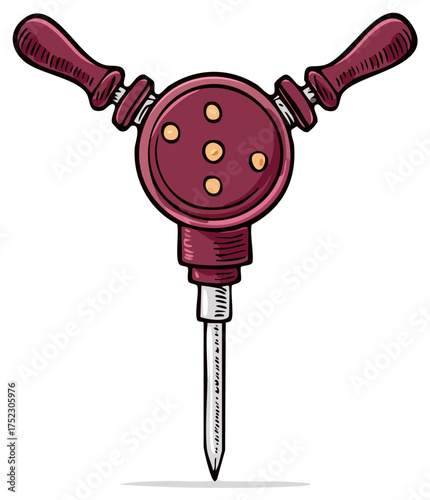 Cartoon illustration of a hand drill tool with handles in maroon color.