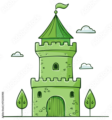 Fairytale Green Castle Tower Illustration Featuring a Flag, Clouds, and Trees for Storybooks or Game Assets