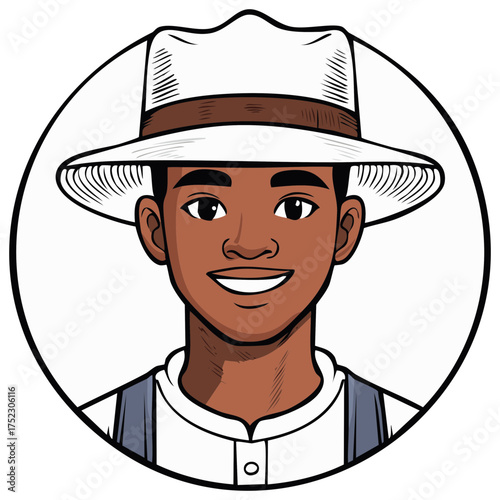 Smiling Young Black Man Character Wearing White Straw Hat and Suspenders Vector Illustration
