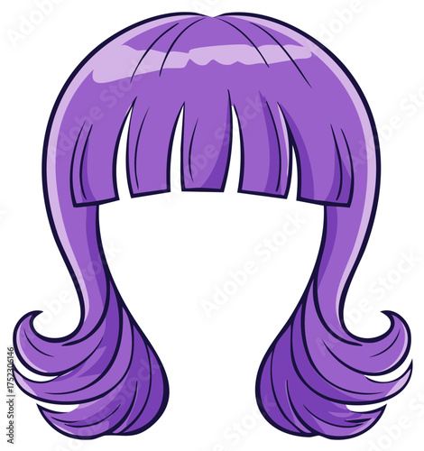 Cartoon Illustration of a Stylish Purple Wig with Long Curly Hair
