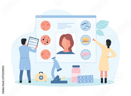 Research into causes of acne, dermatology and cosmetology vector illustration. Cartoon tiny doctors study infographic chart with reasons of skin problem and acne disease for teenagers and adults