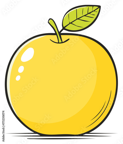 Cartoon Yellow Apple Fruit with Green Leaf and Stem, Fresh Produce Illustration, Healthy Eating Concept