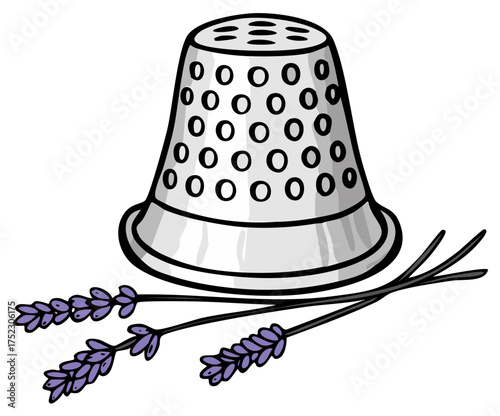 Vintage metal thimble and delicate lavender sprigs illustration with a craft theme