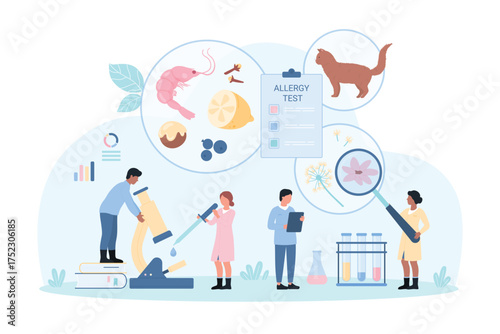 Diagnostics of allergy by test, allergology vector illustration. Cartoon tiny people study pipette sample with microscope, doctors allergists look through magnifying glass at flower pollen, pet hair