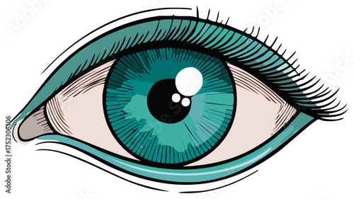 Close-up illustration of a stylized human eye with a turquoise iris and long eyelashes.