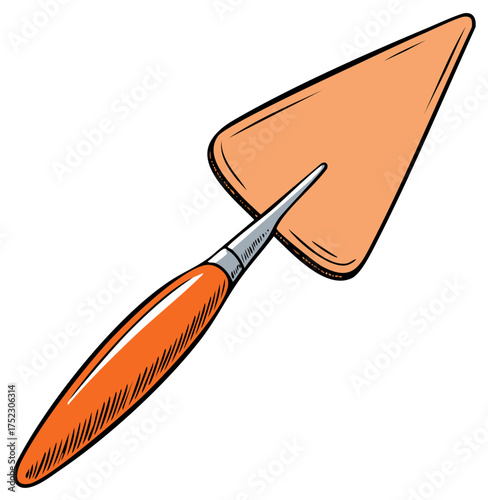Illustrative trowel with orange handle for construction and gardening jobs, tool for masonry and building.