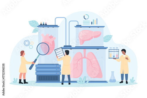Bioartificial human organ for transplantation vector illustration. Cartoon tiny scientists with magnifying glass study lungs, liver and heart inside medical biotech laboratory equipment of future