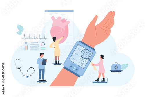 Heart health checkup, cardiology vector illustration. Cartoon tiny people measure blood pressure on hand of patient in hospital, examining data on digital monitor of electric device for treatment