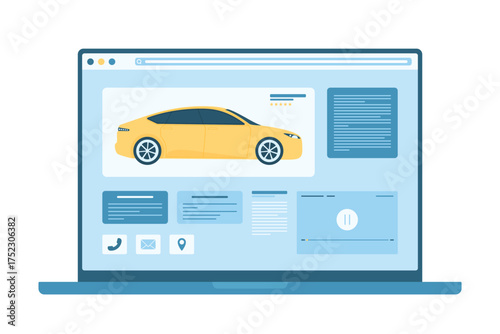 Buying and selling new or used car online service vector illustration. Cartoon isolated laptop desktop with automotive website for customers search to buy, sell or rent new or used automobile