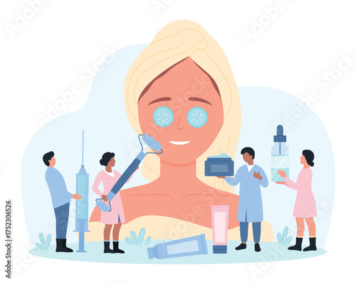 Cosmetic and spa beauty skincare procedures, cosmetology vector illustration. Cartoon tiny professional cosmetologists holding syringe and roller, cream and serum to moisturize skin of huge woman