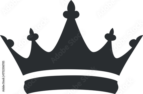 A simple black silhouette of a crown symbolizing royalty and authority in design.