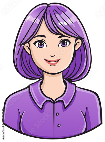 Cartoon Style Portrait of Young Woman with Purple Hair and Clothes