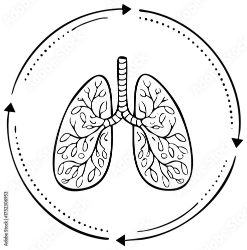Lungs Illustration with Circulating Arrows in Black and White Doodle Style