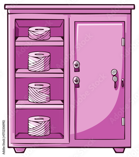 Pink cabinet illustration with thread spools on the shelves for storage and organization