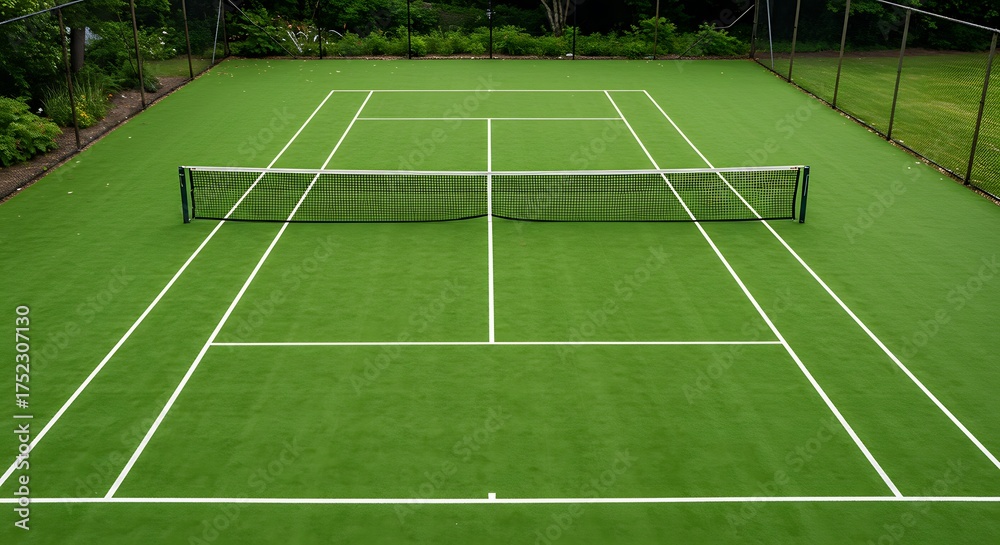 Fototapeta premium Pristine Green Tennis Court with White Lines and Net, Ready for Play.