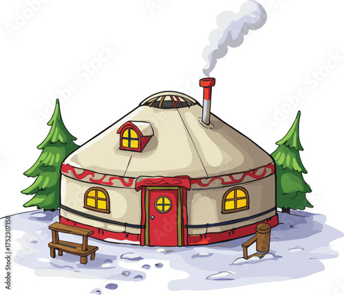Cartoon winter yurt, snowy landscape, cozy shelter, traditional tent, smoke chimney, evergreen trees, footprints in snow, warm cabin, festive scene