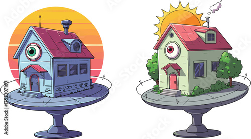 Cartoon houses with eyes, surreal architecture, whimsical design, colorful pedestal display, fantasy home, playful concept, sunset background, animated style, creative art