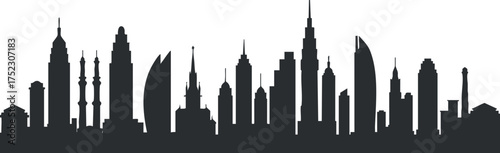A striking black silhouette of a city skyline featuring various architectural styles and heights.