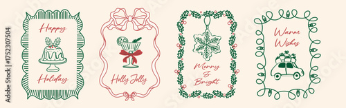 Hand drawn Christmas poster set. Retro vintage New Year doodle illustrations in minimalist line art style with holiday cake, snowflake, car, gifts, and martini glass. Festive coquette vector design	