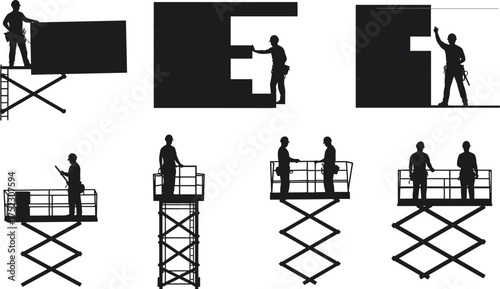 Silhouette construction workers on scissor lifts, teamwork safety equipment, industrial building maintenance, elevated platform operation, wall panel installation, site inspection,