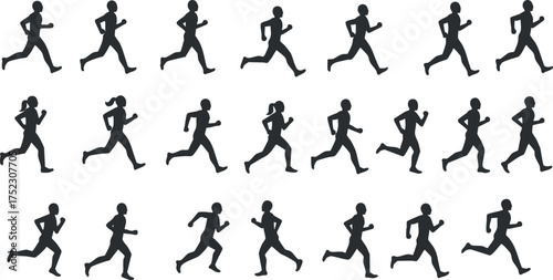Collection of running silhouettes depicting various athletic postures and movements in action.