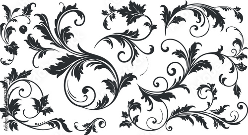 Elegant black floral ornament design featuring intricate swirls and leaves for decoration.