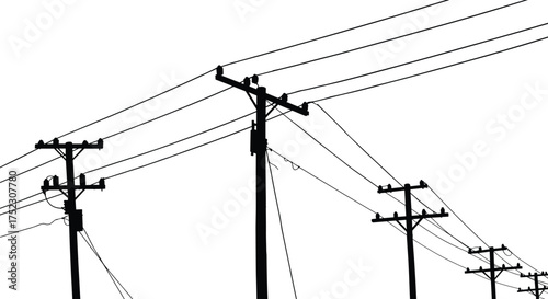 Utility poles silhouette with power lines, electricity distribution infrastructure, urban energy grid, industrial cable network, electrical engineering structure, transmission towers, 