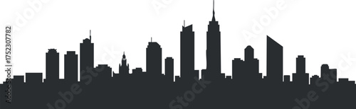 A stylized silhouette of a modern urban skyline featuring various architectural designs.