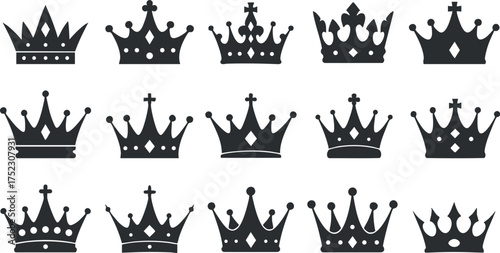 A collection of decorative black crowns representing royalty and elegance for various design applications.
