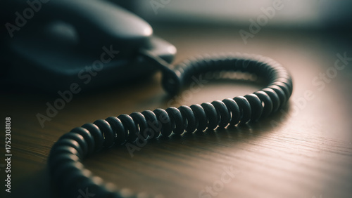 An antique phone cord in the moody lighting evokes a sense of vintage communication and nostalgia. The close-up detail reveals the intricate texture of the coiled wire.