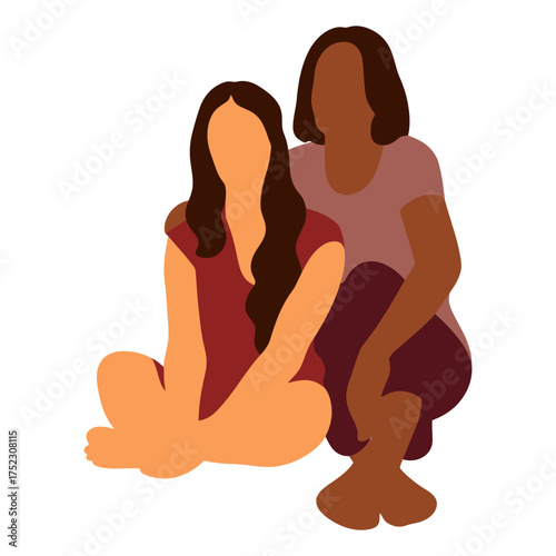 Two women are sitting on the ground, one of them is wearing a red shirt. Concept of friendship and companionship between the two women. Vector. 