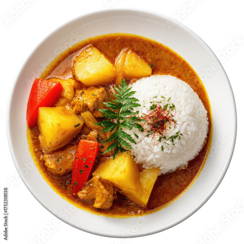 Overhead shot of Japanese curry, rice, potatoes, peppers in white bowl