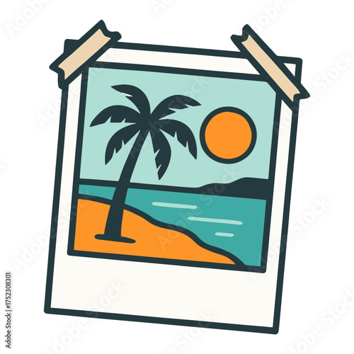 A picture of a palm tree and a sun on a beach. The palm tree is tall and the sun is setting. Vector. 