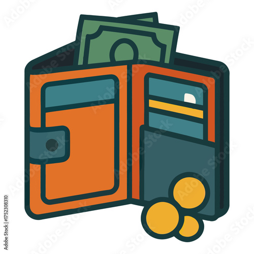 A wallet with a green bill and a yellow coin. The wallet is orange and has a black zipper. Vector. 
