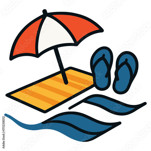 A beach scene with a red and white umbrella, a blue and white pair of flip flops, and a yellow and orange beach towel. Vector. 