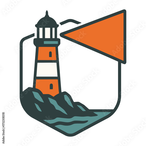 A lighthouse with a flag on top of it. The lighthouse is orange and white. Vector. 
