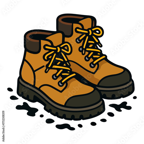 Two cartoon shoes with yellow laces and black soles. The shoes are dirty and muddy. The shoes are on a white background. Vector. 